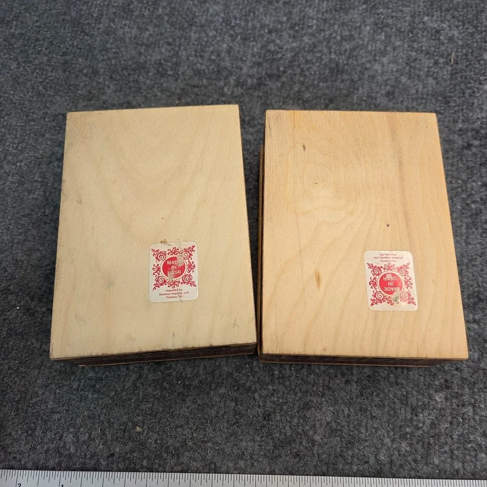 2 Vintage Hand Carved Wooden Trinket Box with‎ Straw Ornament USSR RUSSIA
